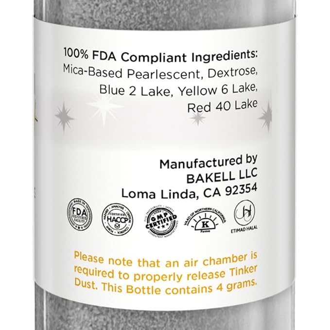 Bakell - Silver Tinker Dust (4g, 1x Mini Spray Pump) Edible Glitter for Food, Desserts, and