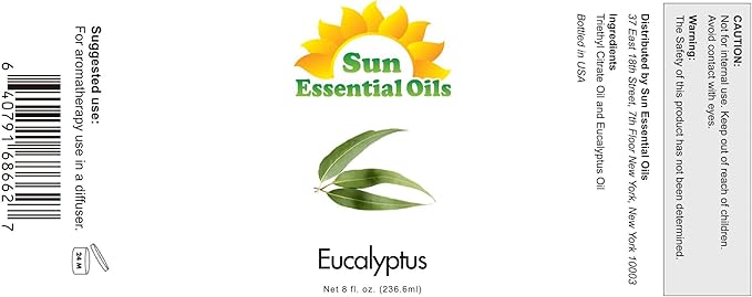 Sun Essentials Oils - 8 oz Eucalyptus Essential Oil with Dropper for Diffuser, Skin, Aromatherapy