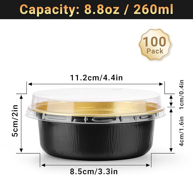 Beasea Disposable Ramekins with Lids, 100 Pack 8.8oz 260ml 4 Inch Round Aluminum Foil Cups