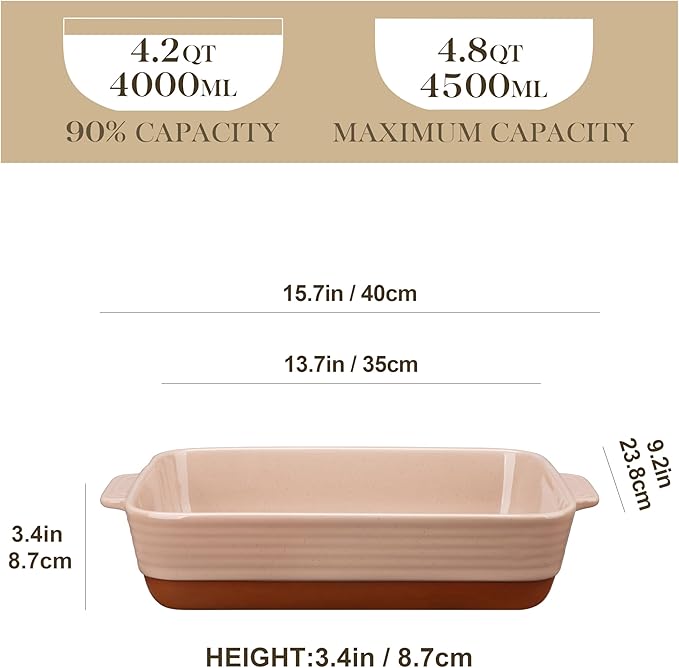 MALACASA 4.8 Qt Ceramic Oven Dish with Handles, 9 x 13 Inch Baking Dish Casserole Dishes, Deep