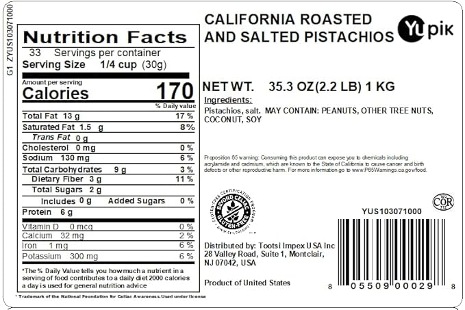 Yupik Dry Roasted Salted Pistachios, In Shell, 2.2 lb (35.2 oz), Gluten-Free, Kosher, Crunchy Nuts