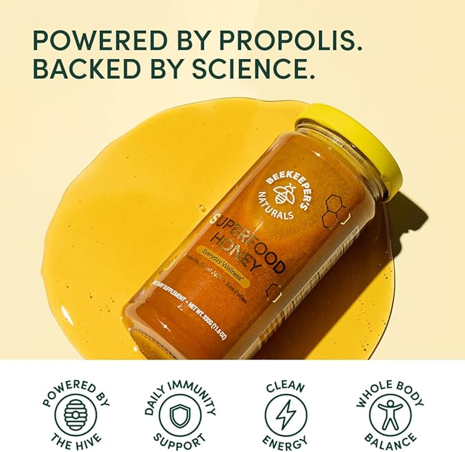 Superfood Honey by Beekeeper's Naturals - Bee Pollen, Royal Jelly, Propolis, Honey - Natural