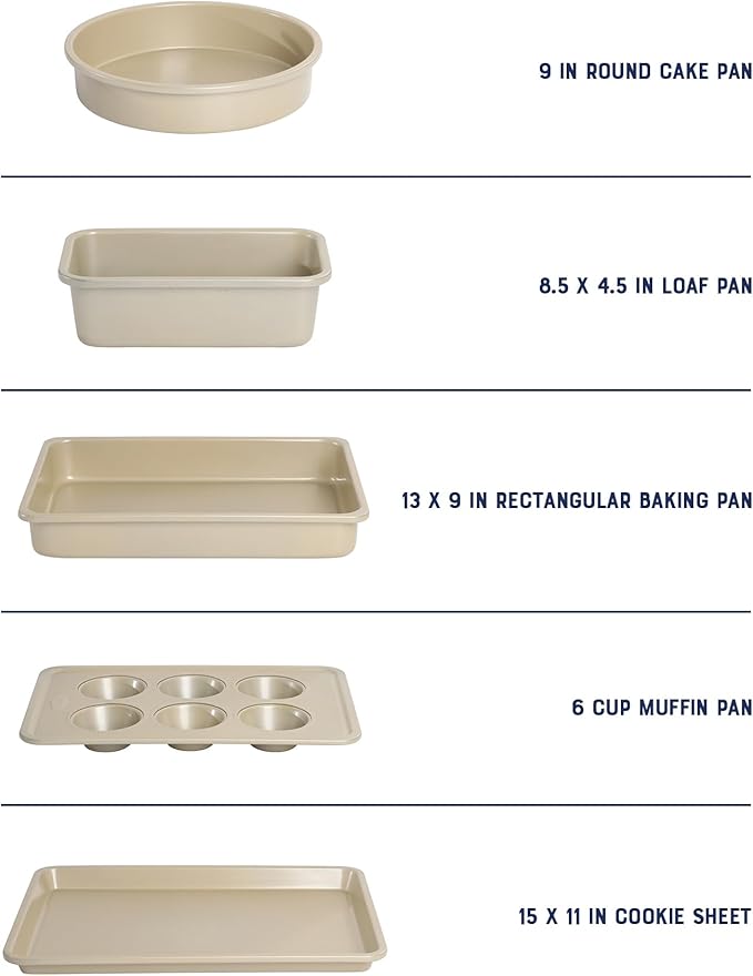 Oster Verlice 5 Piece Carbon Steel Baking Pans Bakeware Set W/Premium PFA Free Nonstick - Champagne