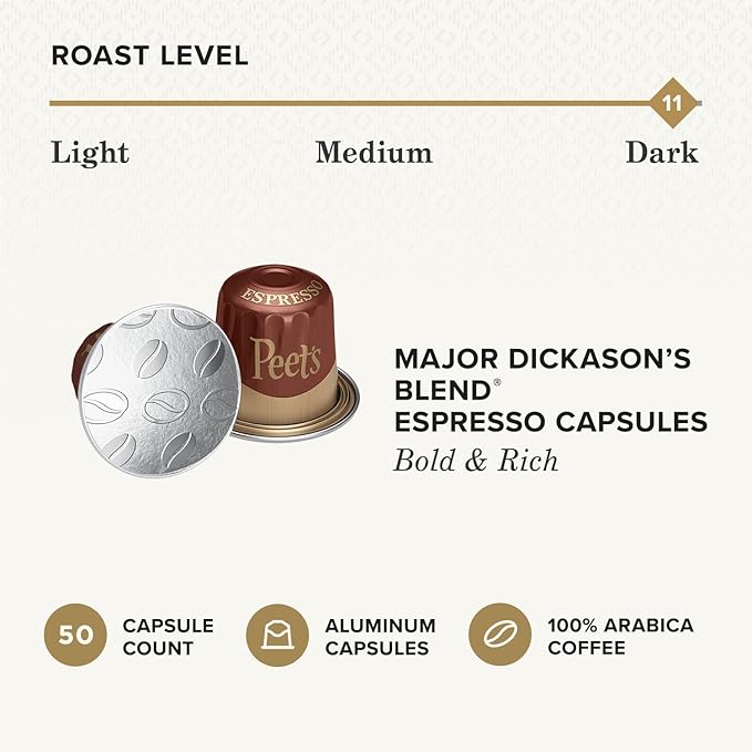 Peet's Coffee, Dark Roast Espresso Capsules, Compatible with Nespresso Original Machines - Major