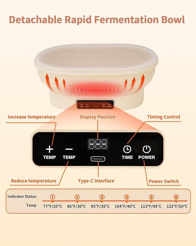 2L Heating Bread Proofing Basket Set Foldable Thermostatic Silicone Bowl with 77-122??6 Gears