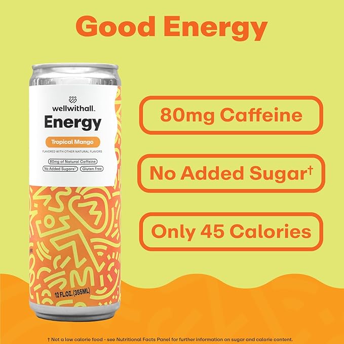 WellWithAll Tropical Mango Energy Drink ??Caffeine from Tea ??With Vitamin C ??Lightly Sparkling