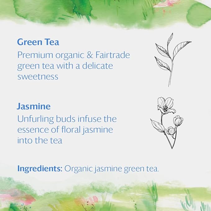 Grace Farms Organic JASMINE Green Tea (16 Pyramid Sachets) | Fragrant and Sweet | Fairtrade and