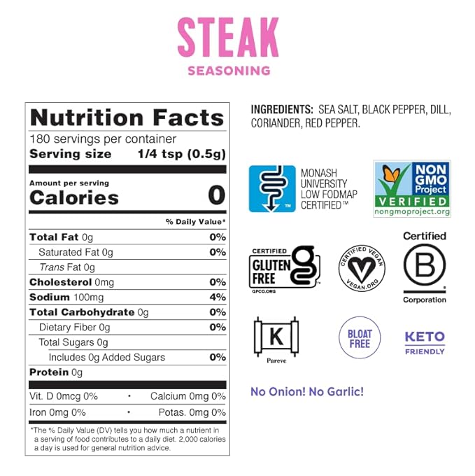 Fody Foods Steak Seasoning, 3.2 Oz, Garlic and Onion Free, Low FODMAP Certified, Gut & IBS