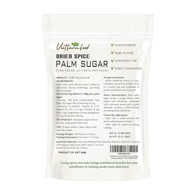 PURE PALM SUGAR 10.58 Oz (300g) VIETFARMFOOD: Natural pure, convection dried seasoning made from