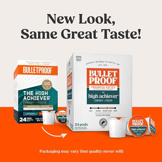 Bulletproof The High Achiever Single-Serve Pods, 24 Count, Medium-Dark Roast Enhanced Coffee with