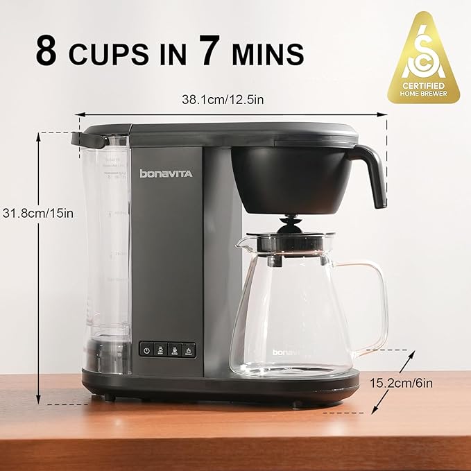 Bonavita Enthusiast 8 Cup Drip Coffee Brewer, Pour Over, SCA Certified Coffee Machine with Glass