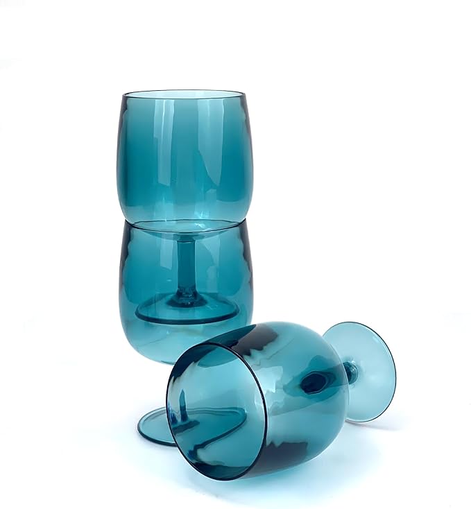 Yalin Set of 6 Unbreakable 12 oz Acrylic Plastic Wine and Water Tumbler Stackable Goblets. (Cyan