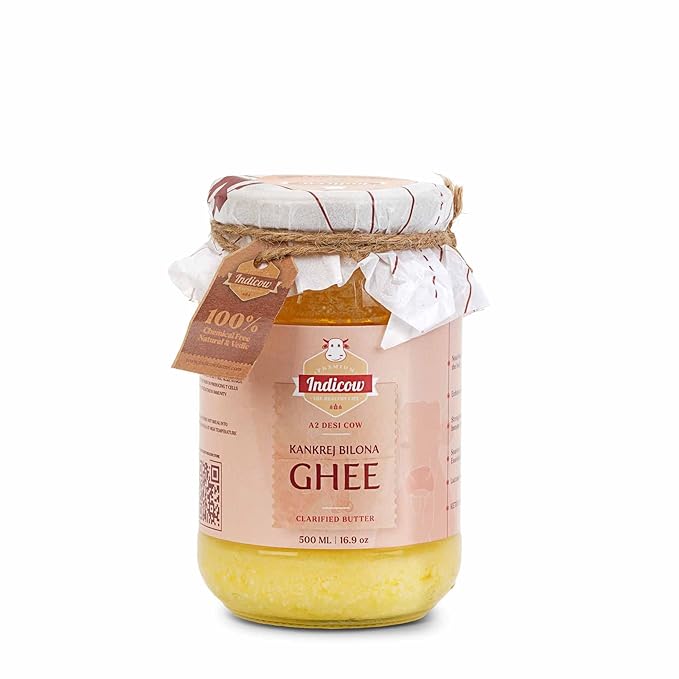 Indicow A2 Desi Cow Ghee, Clarified Butter | Grass Fed Cows | (500ml (16.91oz), A2 Kankrej Cow