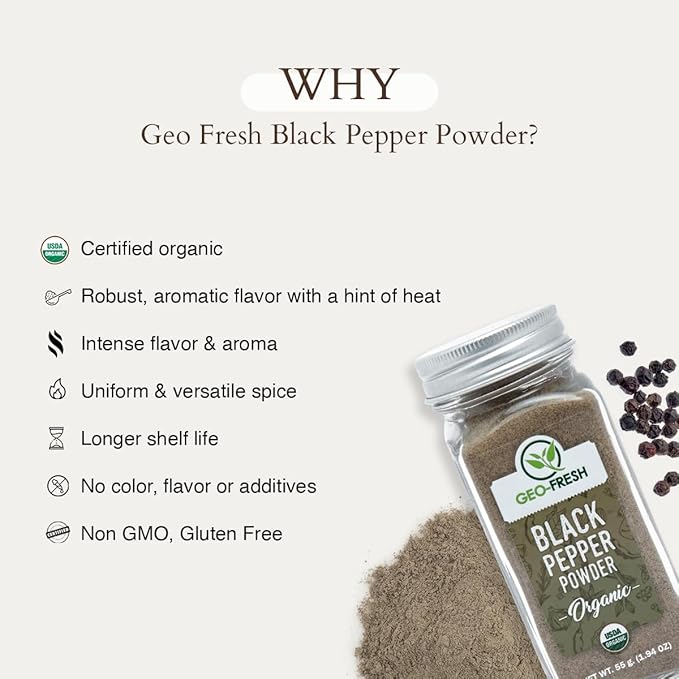 Geo-Fresh Organic Black Pepper Powder ??1.94 oz Glass Jar ??Black Pepper Ground ??USDA Certified