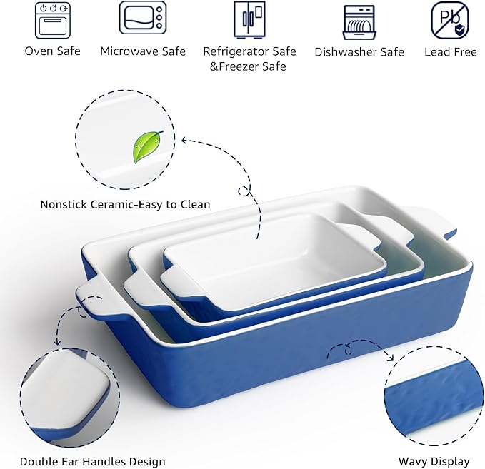 Casserole Dishes for Oven, Ceramic Baking Dishes, Lasagna Pan with Handles, Porcelain Baking Pan