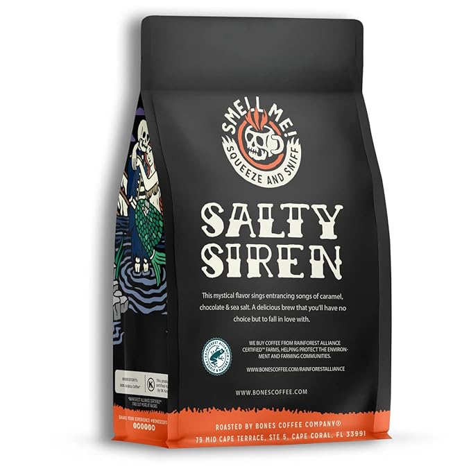 Bones Coffee Company Salty Siren, Sea Salted Caramel Chocolate Flavored Coffee, Medium Roast Low