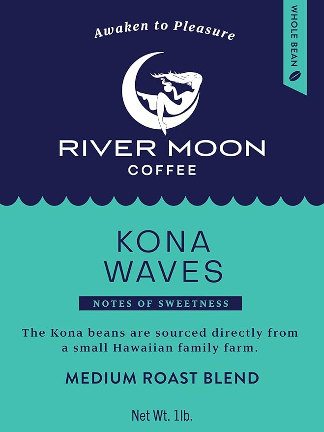 River Moon Coffee, Kona Coffee Whole Bean, Medium Roast, 16 Ounce, Kona Waves Hawaiian Blend