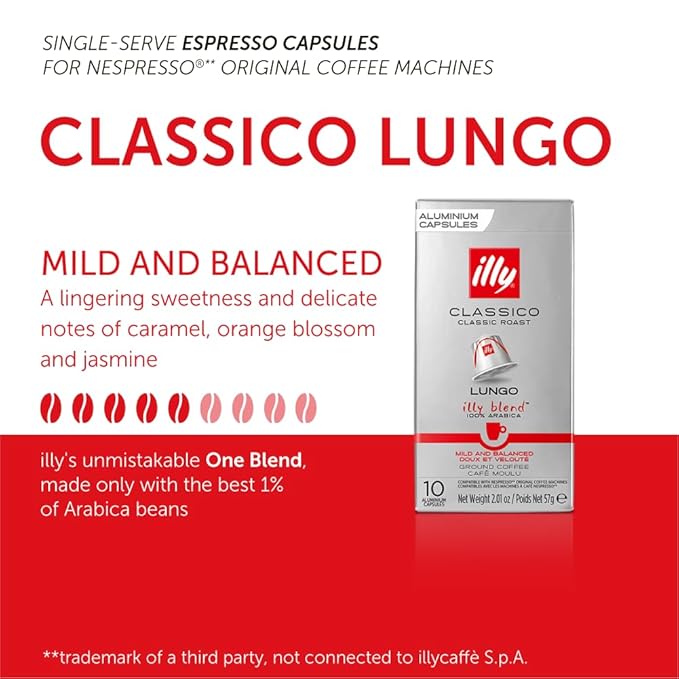 Illy Espresso Compatible Capsules - Single-Serve Coffee Capsules & Pods - Classico Lungo Roast