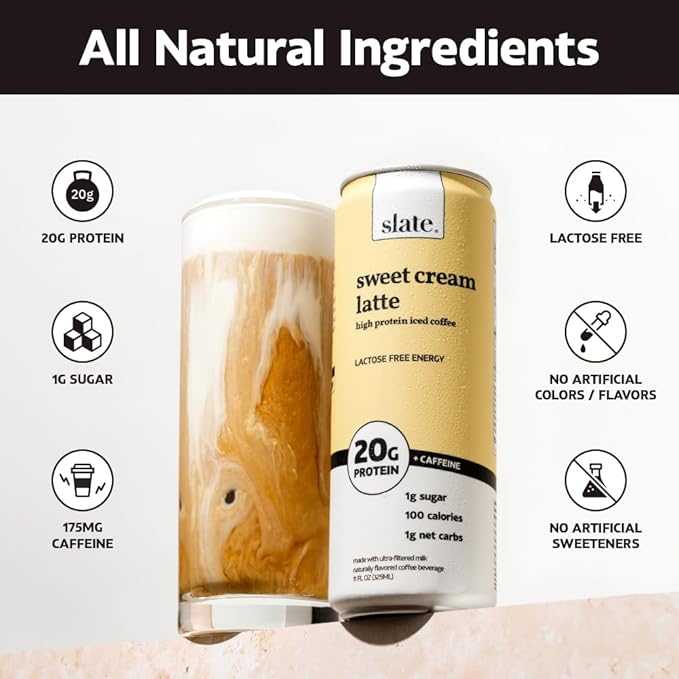 Slate Milk - High Protein Iced Coffee - Sweet Cream Latte - 175mg Caffeine, Lactose Free Energy