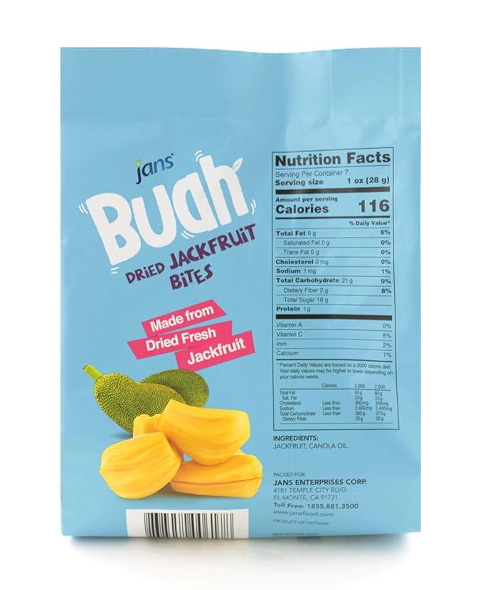 Jans Buah Dried Jackfruit Chips 7.05 oz (Pack of 6) Jack Fruit Chips ??Real Fruit Snack
