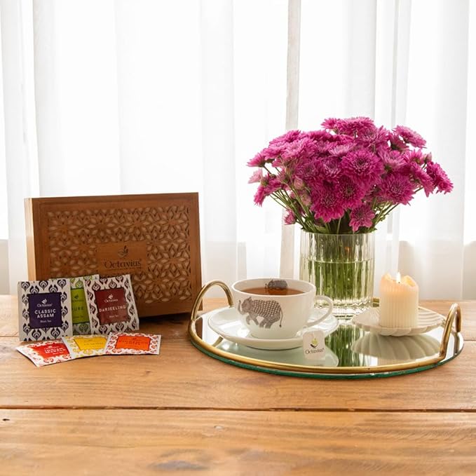 Octavius Floral Cutwork Wooden Tea Sampler Box | Tea Variety Pack Sampler | Green & Black Tea