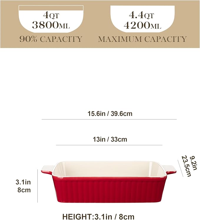 MALACASA 4.4 QT Baking Dish, 9x13 Large Casserole Dish for Oven, Ceramic Baking Pan, Rectangular