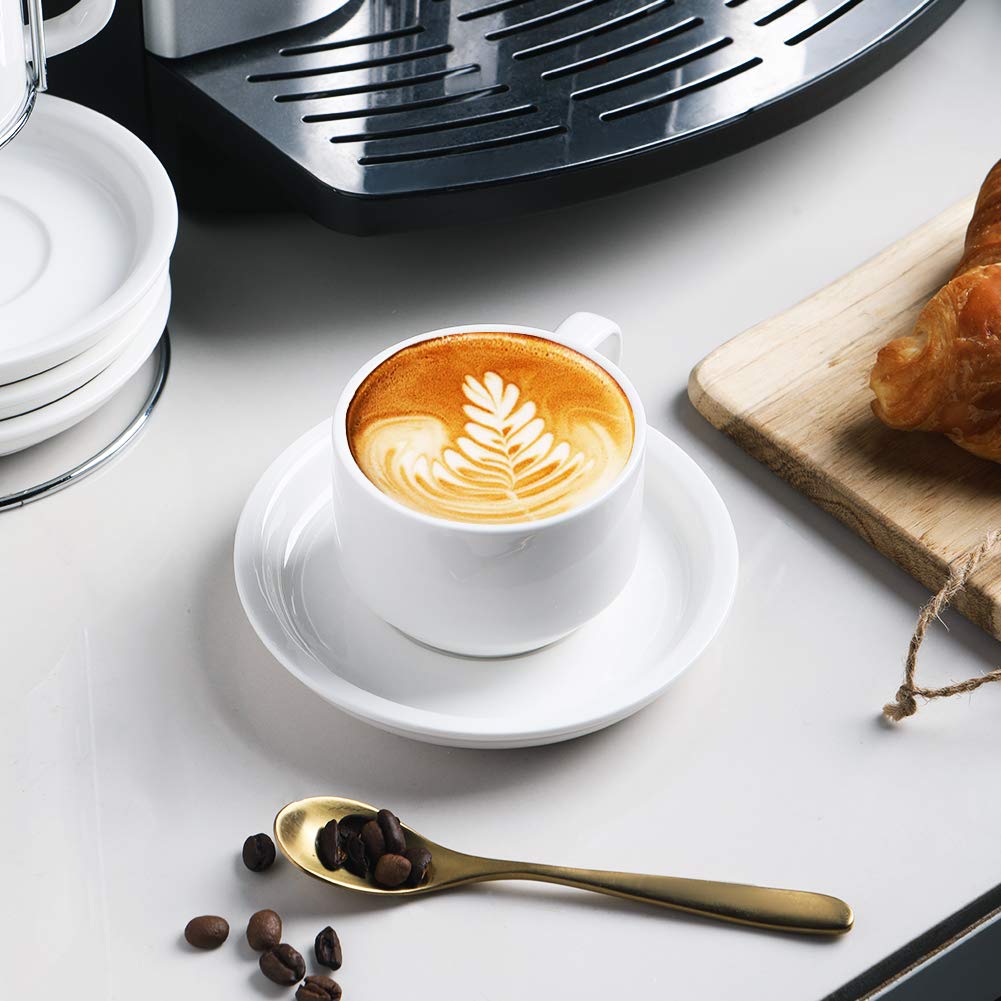 Sweejar Ceramic Espresso Cups with Saucers, 4 Ounce Stackable Cappuccino Cups with Metal Stand for