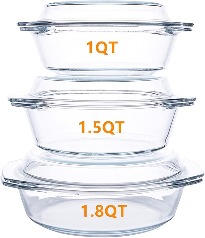 Set of 6 Pieces Round Tempered Glass Casserole Dish with Lids, Glass Casserole Baking Dish Set for