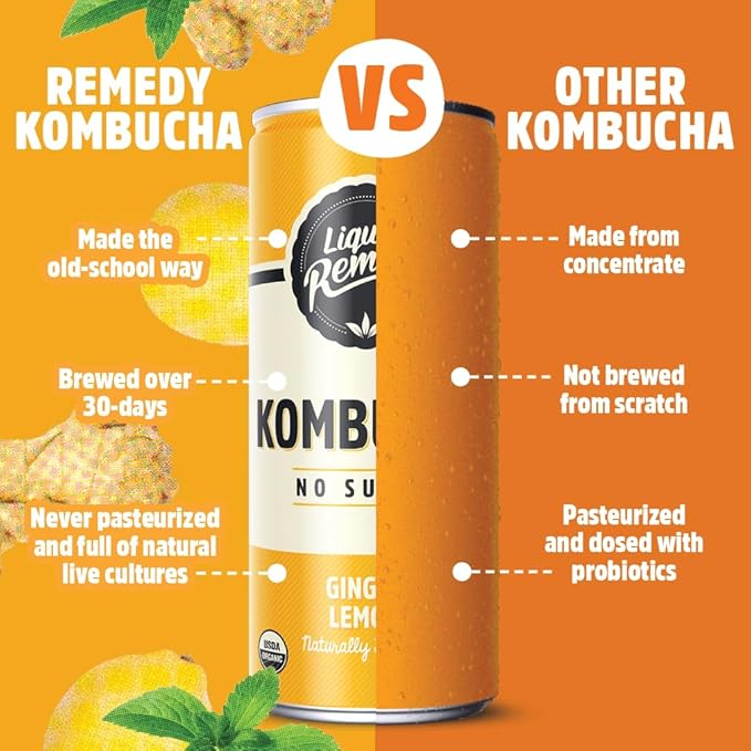 Liquid Remedy Kombucha Sugar Free Organic Drink, Low Calorie, Probiotic Like Tea for Gut Health