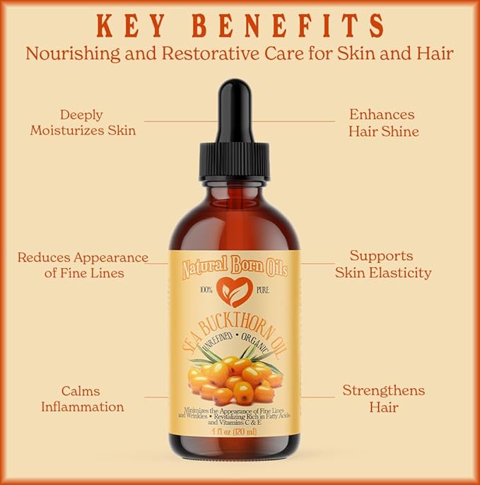 Natural Born Oils 4oz Sea Buckthorn Oil, 100% Pure and Natural, Organic, Cold-pressed, Unrefined