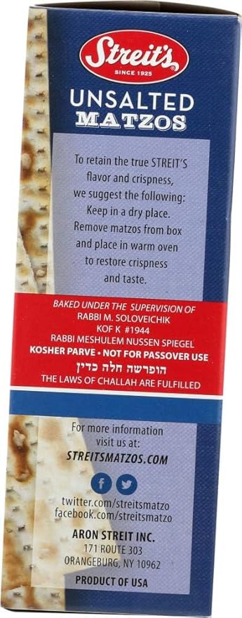 Streit's Unsalted Matzo - Thin & Crispy, Non-GMO, Sodium Free, Low Fat, Vegan, Family Owned, Kosher