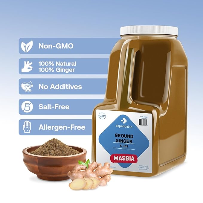 Dependable Foods Ground Ginger Spice – 5 Lb. Bulk Jar - Non-GMO, Kosher, Salt-Free, Allergen-Free|