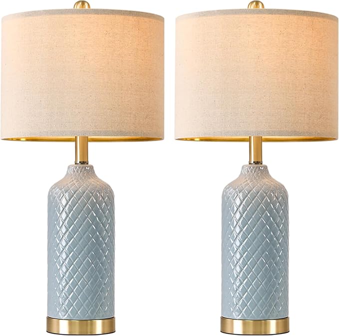 24.25" Modern Ceramic Blue Table Lamps Set of 2 for Living Room, Farmhouse, Bedside, Coastal