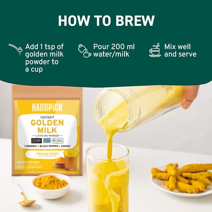 HANDPICK Golden Milk Powder with Turmeric - (7oz, 80 servings) Instant Latte Mix | Blend of Ginger
