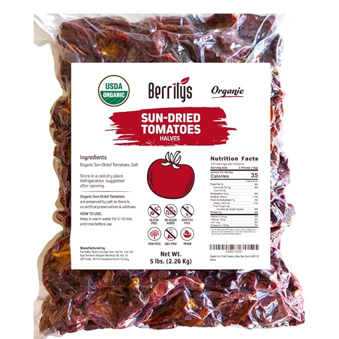 Berrilys Organic Sun-Dried Tomatoes, Salted, No Sulfur, No Preservatives, Kosher, Raw, Non-GMO