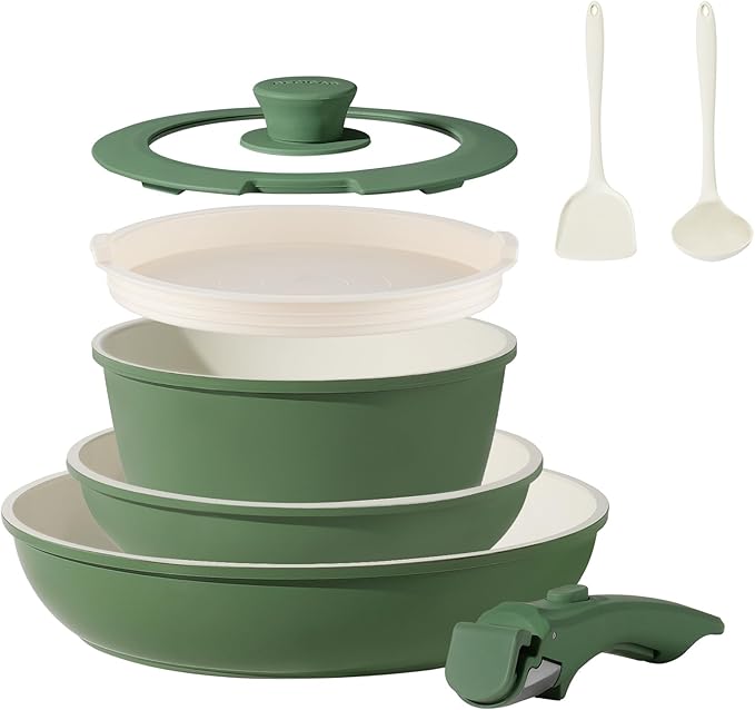 8PCS Ceramic Cookware,Nonstick Ceramic Pan, Removable Handle Pots and Pans Set, Stackable Set
