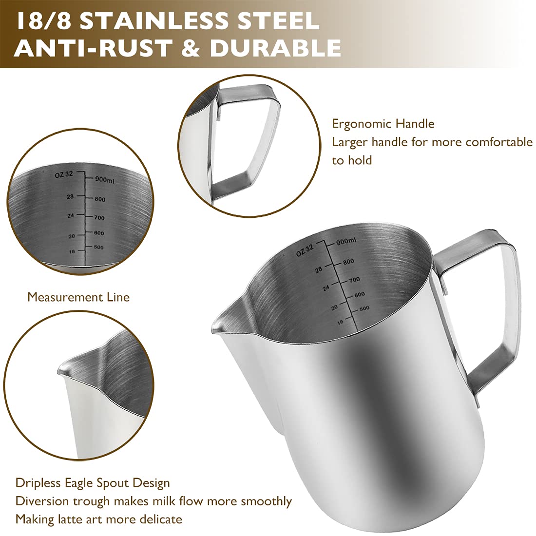 CAMKYDE Stainless Steel Milk Frothing Pitcher 32 oz, Espresso Steaming Pitcher with Decorating Pen