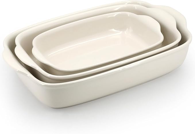 3-Pack Ceramic Baking Dishes Set,Heavy-Duty Oven-Safe Stoneware,Deep Rectangular Casserole Pans for
