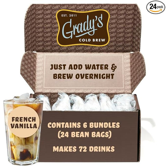 GRADY’S COLD BREW, French Vanilla, 100% Arabica Ground Coffee & Chicory Pouches | SIX Bundles of 4