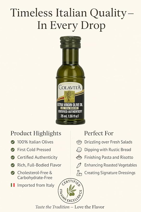 Colavita Mini Sizes - Premium Italian Extra Virgin Olive Oil, Pack of 80 (25ml each, .85oz) Plastic