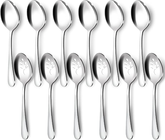 BEWOS 12-Piece Serving Spoons Set, 6 Serving Spoon and 6 Slotted Spoons, 9.1-Inch Utensils Set for