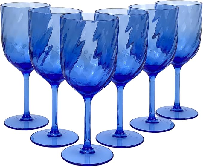 Yalin Set of 6 Unbreakable 15 oz Acrylic Plastic Wine and Water Tumbler Stackable Goblets. (Blue