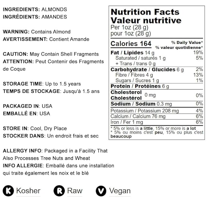 Food to Live California Almonds, 8 Ounces – Supreme, Whole, Raw, Unsalted, Unroasted Nuts, Natural