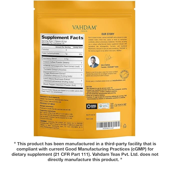 VAHDAM Ashwagandha Coffee with Turmeric, Lion?™s Mane & Chaga Mushroom | Clinically Proven KSM 66