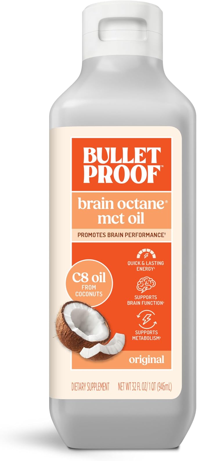 Bulletproof Brain Octane C8 MCT Oil, 32 Ounces, Keto Supplement for Sustained Energy and Fewer
