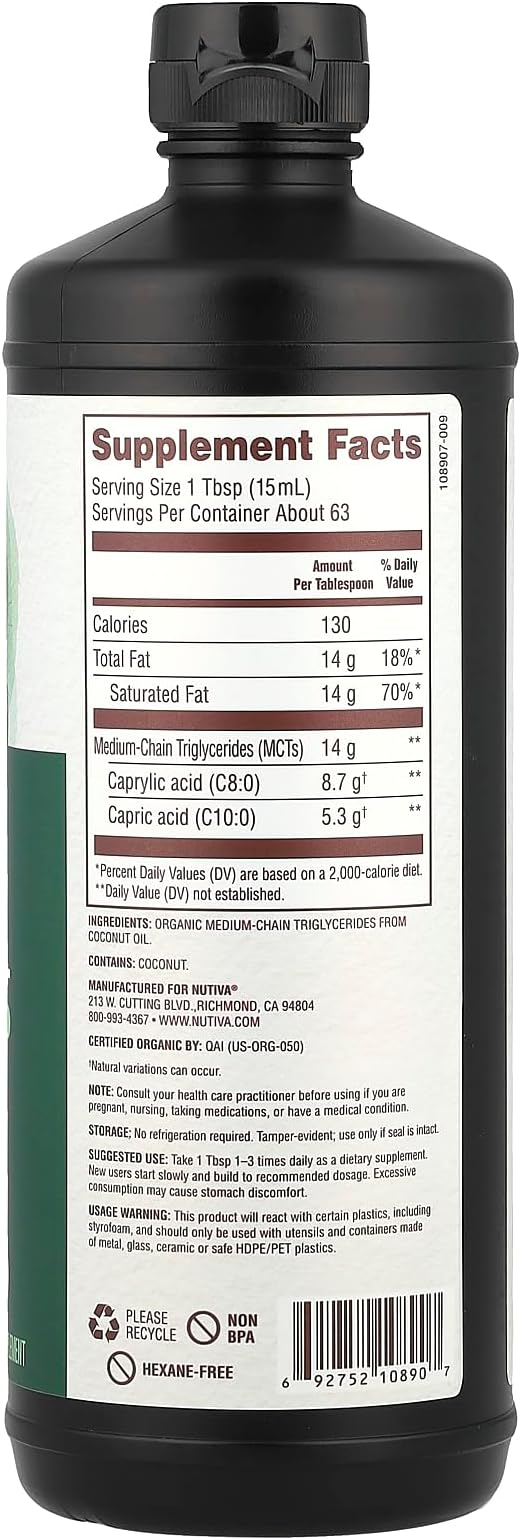 Nutiva Organic MCT Oil, Unflavored, 32 Oz, USDA Organic, Non-GMO, Non-BPA, Whole 30 Approved