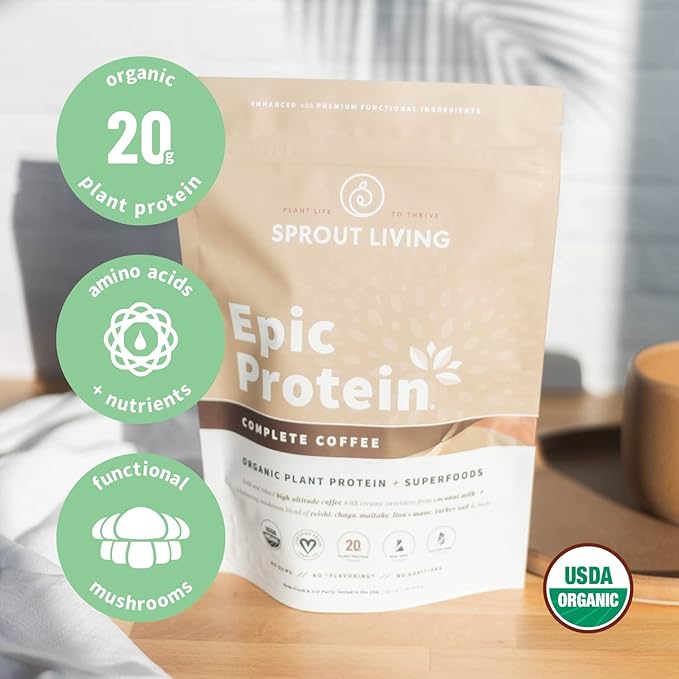 Sprout Living, Epic Protein, Plant Based Protein & Superfoods Powder, Complete Coffee | 20 Grams