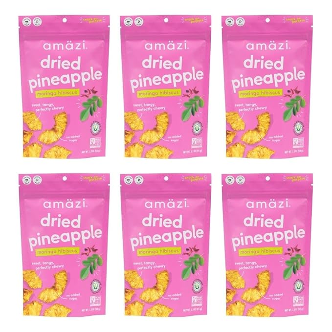 Am채zi Foods | Dried Pineapple - Moringa Hibiscus (6 Pack) | All Natural Snacks | No Sugar Added