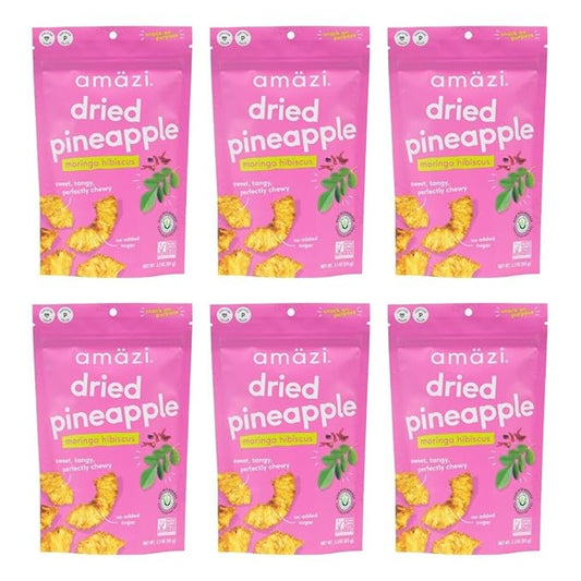 Am채zi Foods | Dried Pineapple - Moringa Hibiscus (6 Pack) | All Natural Snacks | No Sugar Added