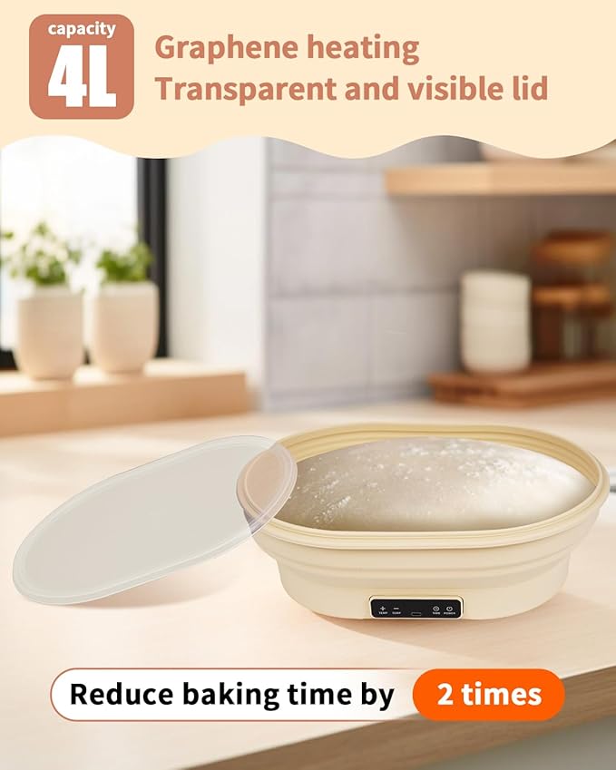 4L Heating Bread Proofing Basket Set Foldable Thermostatic Silicone Bowl with 77-122??6 Gears